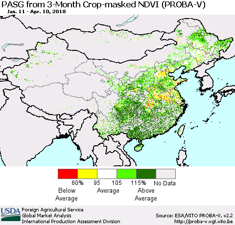 China, Mongolia and Taiwan PASG from 3-Month Crop-masked NDVI (PROBA-V) Thematic Map For 4/1/2018 - 4/10/2018