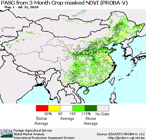 China, Mongolia and Taiwan PASG from 3-Month Crop-masked NDVI (PROBA-V) Thematic Map For 7/21/2018 - 7/31/2018