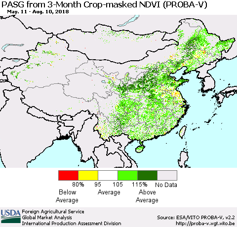 China, Mongolia and Taiwan PASG from 3-Month Crop-masked NDVI (PROBA-V) Thematic Map For 8/1/2018 - 8/10/2018
