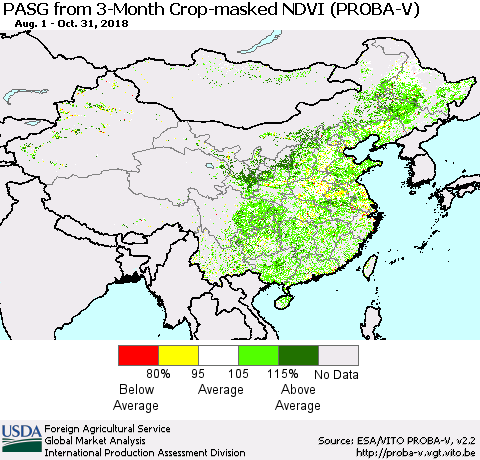 China and Taiwan PASG from 3-Month Crop-masked NDVI (PROBA-V) Thematic Map For 10/21/2018 - 10/31/2018