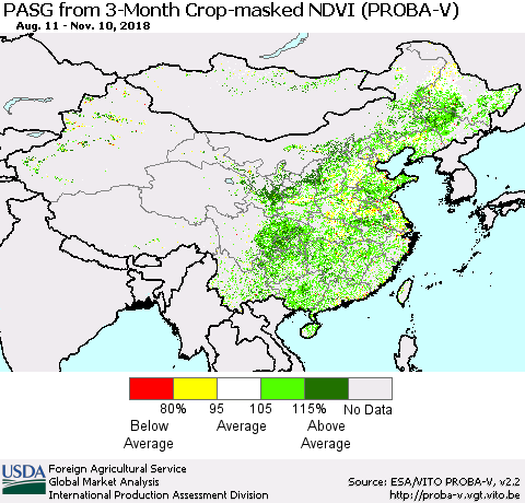 China, Mongolia and Taiwan PASG from 3-Month Crop-masked NDVI (PROBA-V) Thematic Map For 11/1/2018 - 11/10/2018