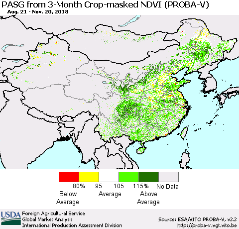 China and Taiwan PASG from 3-Month Crop-masked NDVI (PROBA-V) Thematic Map For 11/11/2018 - 11/20/2018
