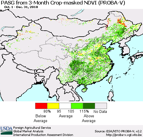 China and Taiwan PASG from 3-Month Crop-masked NDVI (PROBA-V) Thematic Map For 12/21/2018 - 12/31/2018