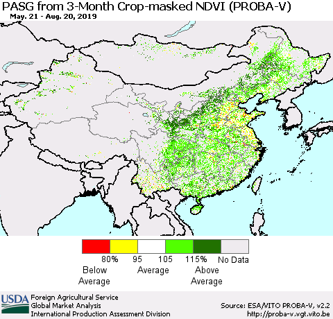 China and Taiwan PASG from 3-Month Crop-masked NDVI (PROBA-V) Thematic Map For 8/11/2019 - 8/20/2019