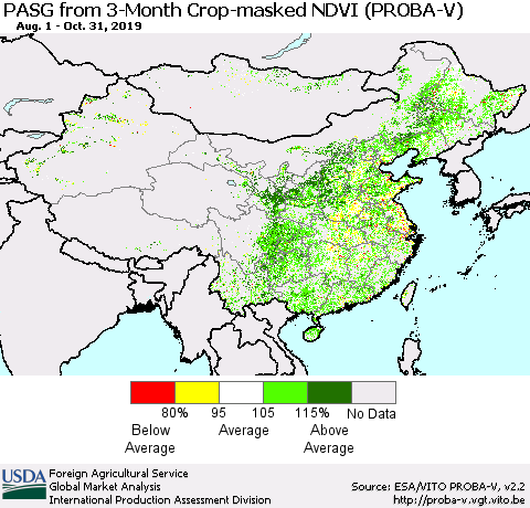 China and Taiwan PASG from 3-Month Crop-masked NDVI (PROBA-V) Thematic Map For 10/21/2019 - 10/31/2019