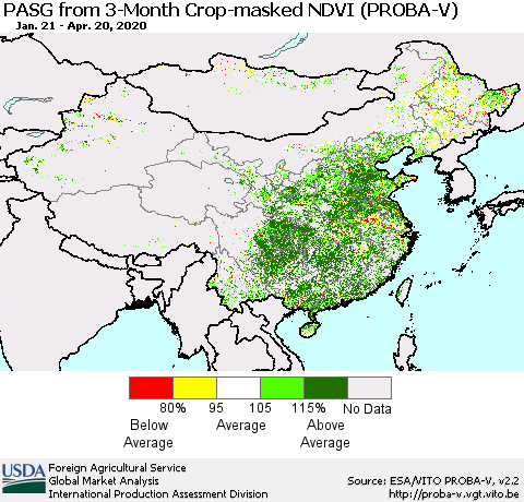 China, Mongolia and Taiwan PASG from 3-Month Crop-masked NDVI (PROBA-V) Thematic Map For 4/11/2020 - 4/20/2020