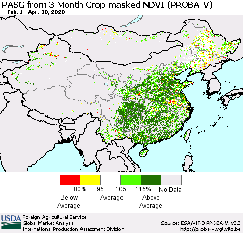 China, Mongolia and Taiwan PASG from 3-Month Crop-masked NDVI (PROBA-V) Thematic Map For 4/21/2020 - 4/30/2020