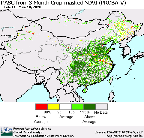 China, Mongolia and Taiwan PASG from 3-Month Crop-masked NDVI (PROBA-V) Thematic Map For 5/1/2020 - 5/10/2020