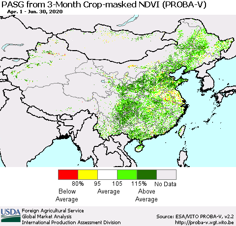 China, Mongolia and Taiwan PASG from 3-Month Crop-masked NDVI (PROBA-V) Thematic Map For 6/21/2020 - 6/30/2020