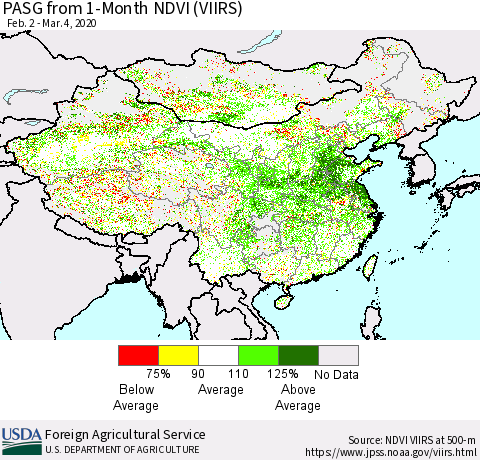 China, Mongolia and Taiwan PASG from 1-Month NDVI (VIIRS) Thematic Map For 3/1/2020 - 3/10/2020