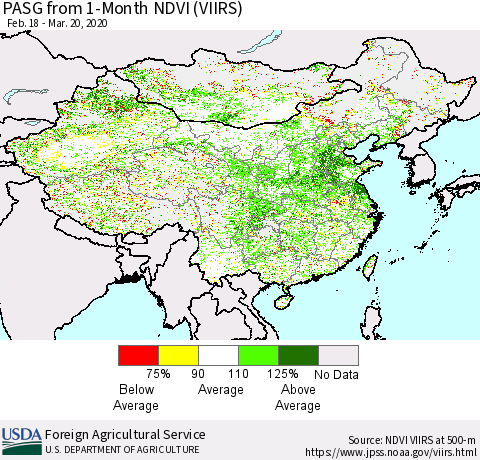 China, Mongolia and Taiwan PASG from 1-Month NDVI (VIIRS) Thematic Map For 3/11/2020 - 3/20/2020