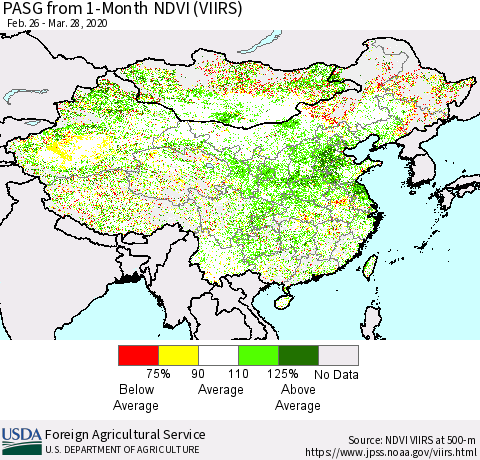 China, Mongolia and Taiwan PASG from 1-Month NDVI (VIIRS) Thematic Map For 3/21/2020 - 3/31/2020