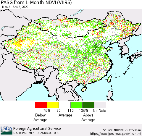 China, Mongolia and Taiwan PASG from 1-Month NDVI (VIIRS) Thematic Map For 4/1/2020 - 4/10/2020