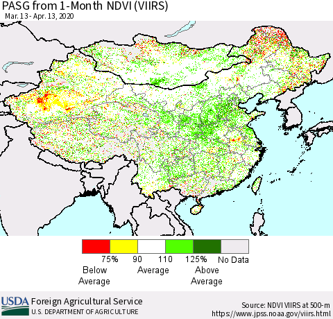 China, Mongolia and Taiwan PASG from 1-Month NDVI (VIIRS) Thematic Map For 4/11/2020 - 4/20/2020