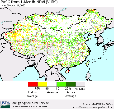 China, Mongolia and Taiwan PASG from 1-Month NDVI (VIIRS) Thematic Map For 4/21/2020 - 4/30/2020
