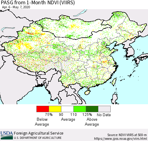 China, Mongolia and Taiwan PASG from 1-Month NDVI (VIIRS) Thematic Map For 5/1/2020 - 5/10/2020