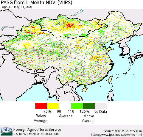 China, Mongolia and Taiwan PASG from 1-Month NDVI (VIIRS) Thematic Map For 5/21/2020 - 5/31/2020