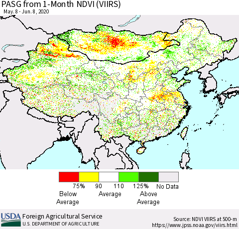 China, Mongolia and Taiwan PASG from 1-Month NDVI (VIIRS) Thematic Map For 6/1/2020 - 6/10/2020