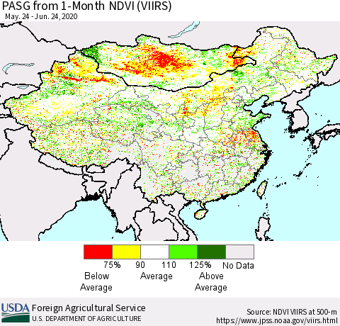 China, Mongolia and Taiwan PASG from 1-Month NDVI (VIIRS) Thematic Map For 6/21/2020 - 6/30/2020