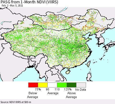 China, Mongolia and Taiwan PASG from 1-Month NDVI (VIIRS) Thematic Map For 2/26/2021 - 3/5/2021