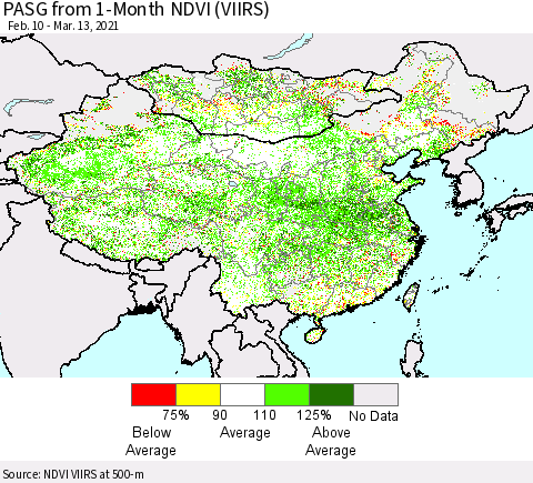 China, Mongolia and Taiwan PASG from 1-Month NDVI (VIIRS) Thematic Map For 3/6/2021 - 3/13/2021