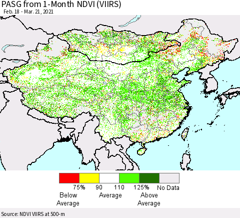 China, Mongolia and Taiwan PASG from 1-Month NDVI (VIIRS) Thematic Map For 3/14/2021 - 3/21/2021