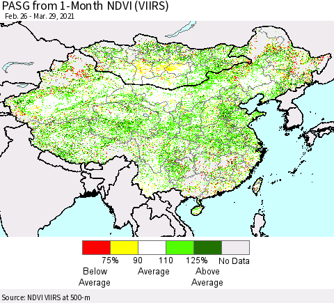 China, Mongolia and Taiwan PASG from 1-Month NDVI (VIIRS) Thematic Map For 3/22/2021 - 3/29/2021