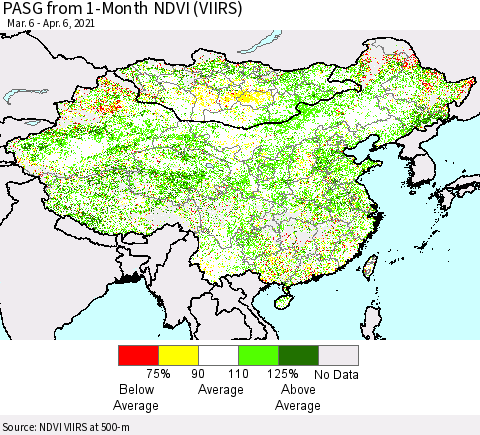 China, Mongolia and Taiwan PASG from 1-Month NDVI (VIIRS) Thematic Map For 3/30/2021 - 4/6/2021