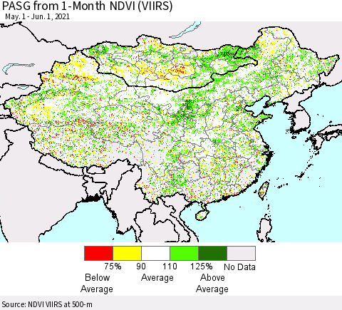 China, Mongolia and Taiwan PASG from 1-Month NDVI (VIIRS) Thematic Map For 5/25/2021 - 6/1/2021