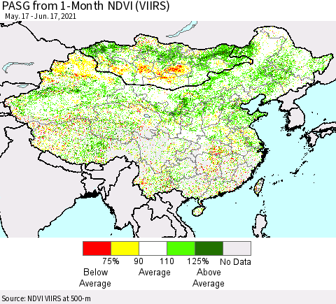 China, Mongolia and Taiwan PASG from 1-Month NDVI (VIIRS) Thematic Map For 6/10/2021 - 6/17/2021