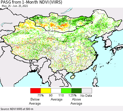 China, Mongolia and Taiwan PASG from 1-Month NDVI (VIIRS) Thematic Map For 6/18/2021 - 6/25/2021
