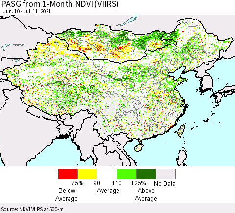 China, Mongolia and Taiwan PASG from 1-Month NDVI (VIIRS) Thematic Map For 7/4/2021 - 7/11/2021