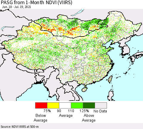 China, Mongolia and Taiwan PASG from 1-Month NDVI (VIIRS) Thematic Map For 7/12/2021 - 7/19/2021