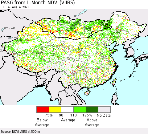 China, Mongolia and Taiwan PASG from 1-Month NDVI (VIIRS) Thematic Map For 7/28/2021 - 8/4/2021