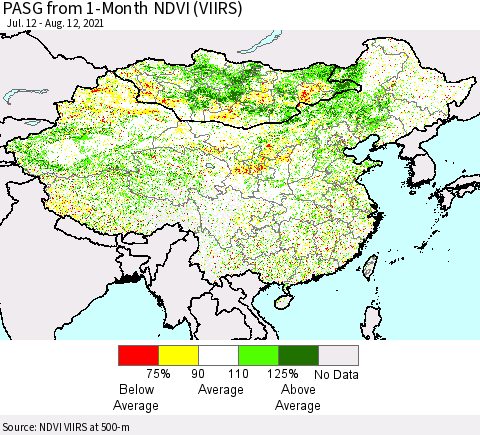 China, Mongolia and Taiwan PASG from 1-Month NDVI (VIIRS) Thematic Map For 8/5/2021 - 8/12/2021