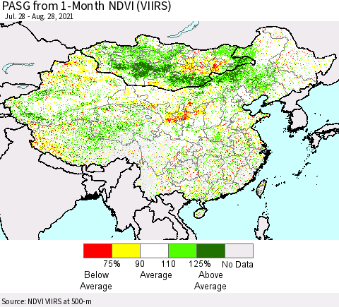 China, Mongolia and Taiwan PASG from 1-Month NDVI (VIIRS) Thematic Map For 8/21/2021 - 8/28/2021