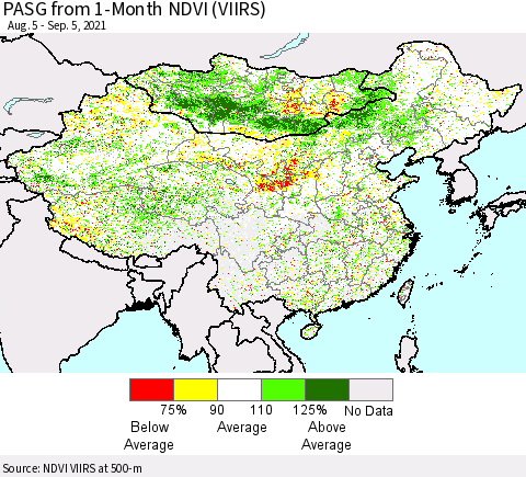 China, Mongolia and Taiwan PASG from 1-Month NDVI (VIIRS) Thematic Map For 8/29/2021 - 9/5/2021