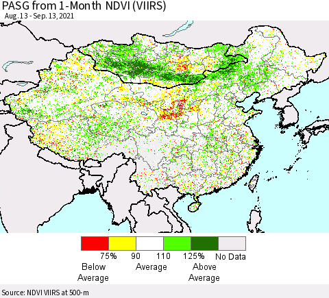China, Mongolia and Taiwan PASG from 1-Month NDVI (VIIRS) Thematic Map For 9/6/2021 - 9/13/2021