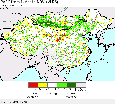 China, Mongolia and Taiwan PASG from 1-Month NDVI (VIIRS) Thematic Map For 9/14/2021 - 9/21/2021