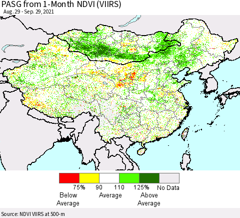 China, Mongolia and Taiwan PASG from 1-Month NDVI (VIIRS) Thematic Map For 9/22/2021 - 9/29/2021