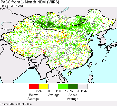 China, Mongolia and Taiwan PASG from 1-Month NDVI (VIIRS) Thematic Map For 9/30/2021 - 10/7/2021