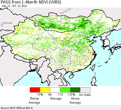 China, Mongolia and Taiwan PASG from 1-Month NDVI (VIIRS) Thematic Map For 10/16/2021 - 10/23/2021
