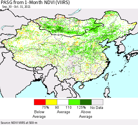 China, Mongolia and Taiwan PASG from 1-Month NDVI (VIIRS) Thematic Map For 10/24/2021 - 10/31/2021
