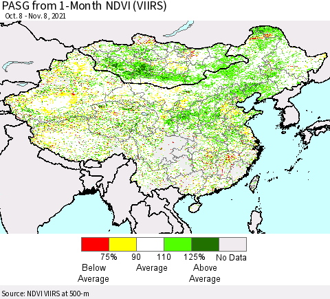 China, Mongolia and Taiwan PASG from 1-Month NDVI (VIIRS) Thematic Map For 11/1/2021 - 11/8/2021