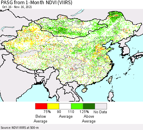 China, Mongolia and Taiwan PASG from 1-Month NDVI (VIIRS) Thematic Map For 11/9/2021 - 11/16/2021