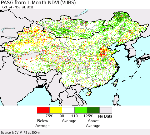 China, Mongolia and Taiwan PASG from 1-Month NDVI (VIIRS) Thematic Map For 11/17/2021 - 11/24/2021