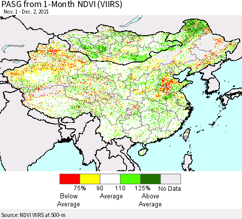 China, Mongolia and Taiwan PASG from 1-Month NDVI (VIIRS) Thematic Map For 11/25/2021 - 12/2/2021