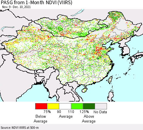 China, Mongolia and Taiwan PASG from 1-Month NDVI (VIIRS) Thematic Map For 12/3/2021 - 12/10/2021