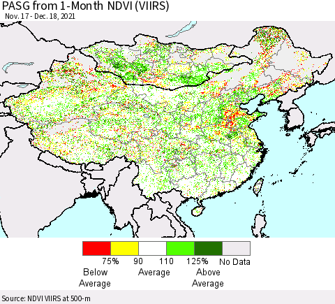 China, Mongolia and Taiwan PASG from 1-Month NDVI (VIIRS) Thematic Map For 12/11/2021 - 12/18/2021