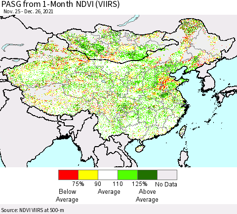 China, Mongolia and Taiwan PASG from 1-Month NDVI (VIIRS) Thematic Map For 12/19/2021 - 12/26/2021